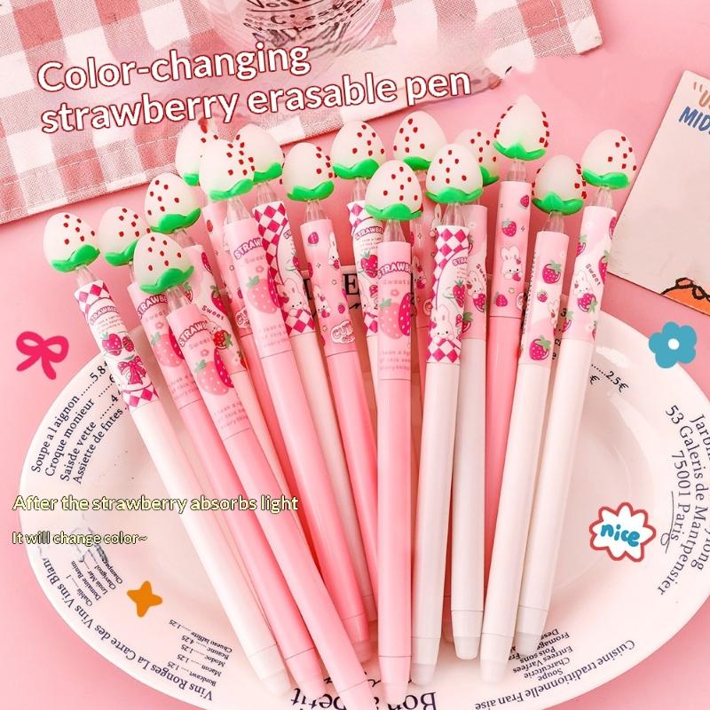 Gel Ink Pen Set - イチゴデザイン消せるゲルペンセット、光に反応して色が変わるインク、学校の生徒の筆記用