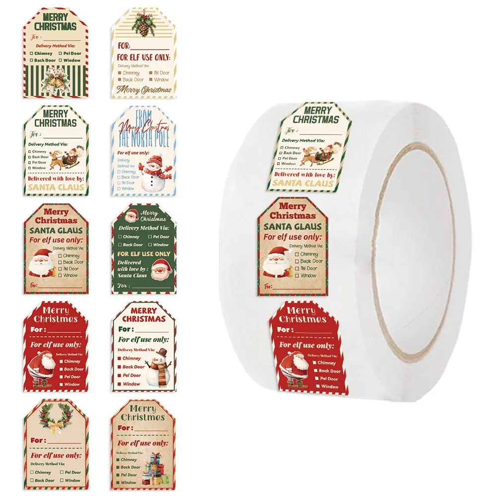 Label Printer Tape - 500枚入りクリスマスステッカーロール、サンタエルフ配達タグ、ヴィンテージ風粘着テープ、防水合成ラベル、クリスマスギフトラッピング用