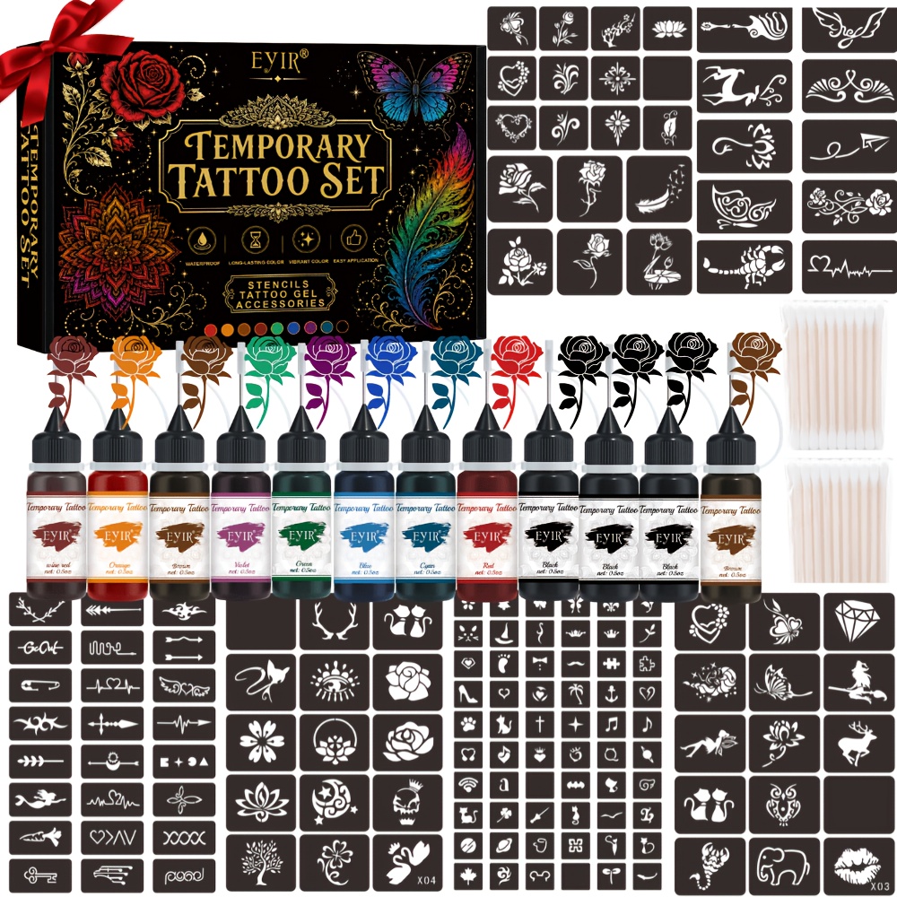 12色の一時的なタトゥージェル、ヘナタトゥーキット、ステンシ - Gel Ink Pen Set のレビューと価格
