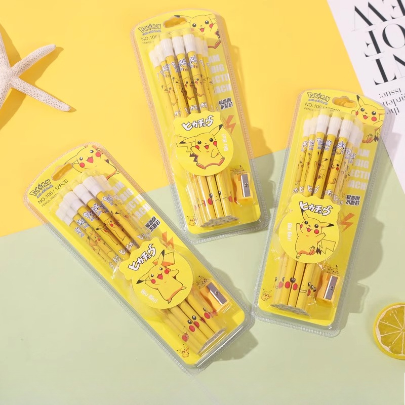 12 個ポケモン鉛筆消しゴム鉛筆削り付きかわいいピカチュウア - Office Supply Office Stationery Items のレビューと価格